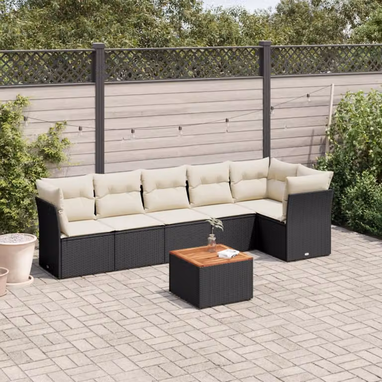 Set Divani da Giardino a L vidaXL in Polyrattan Nero con 7 Cuscini e Tavolino da Esterno