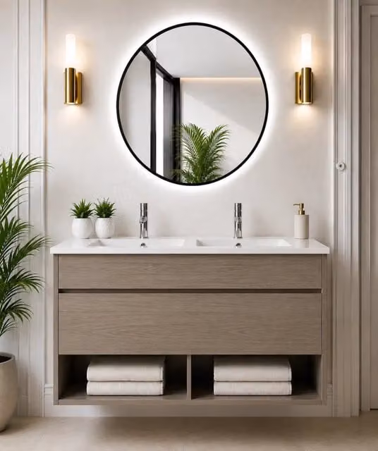 Mobile bagno sospeso con lavabo ORIGENBATH NEBARI con cassetto 120x45 cm doppio lavabo rovere smoky