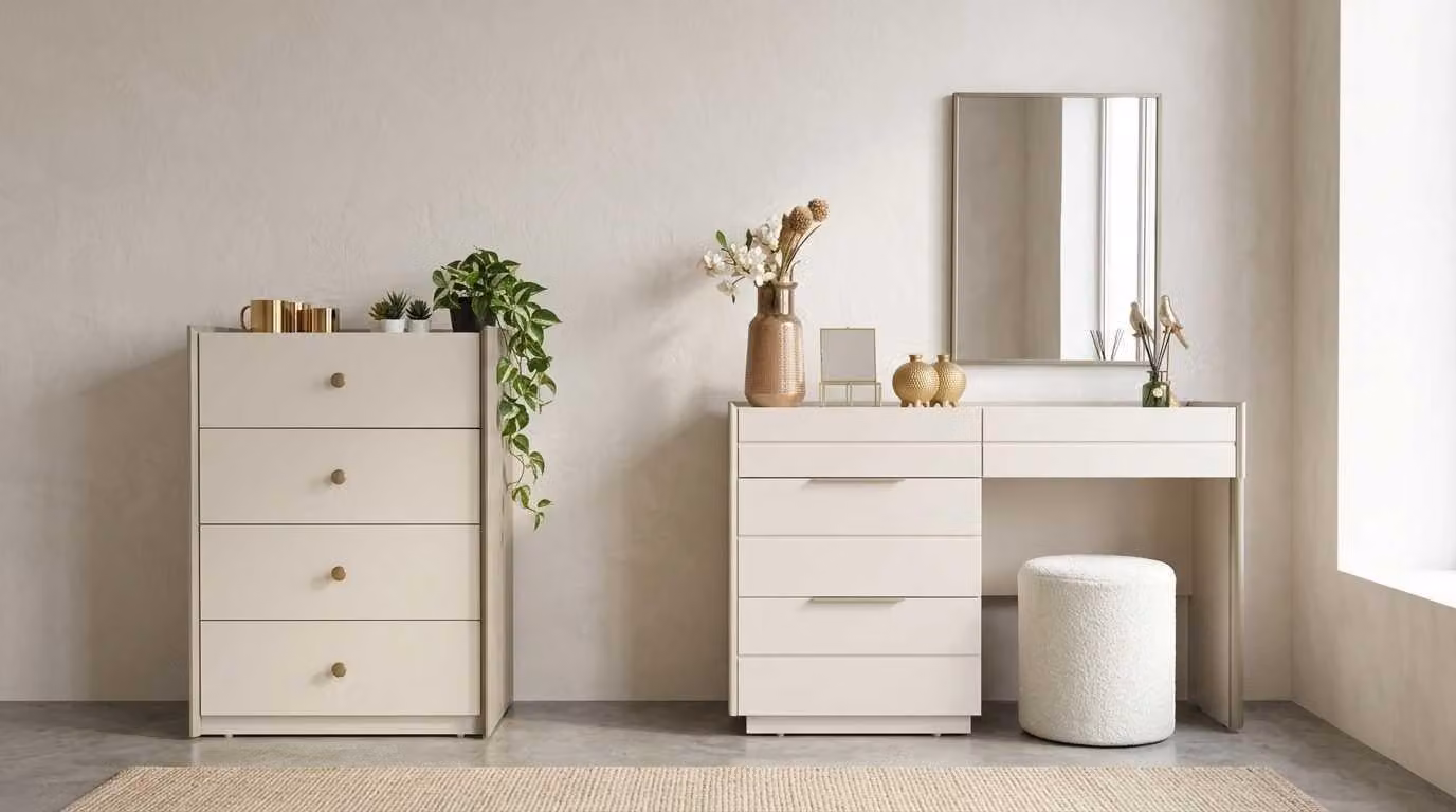 Set per tavolo da trucco beige, moderno, composto da: comò, specchio, sgabello