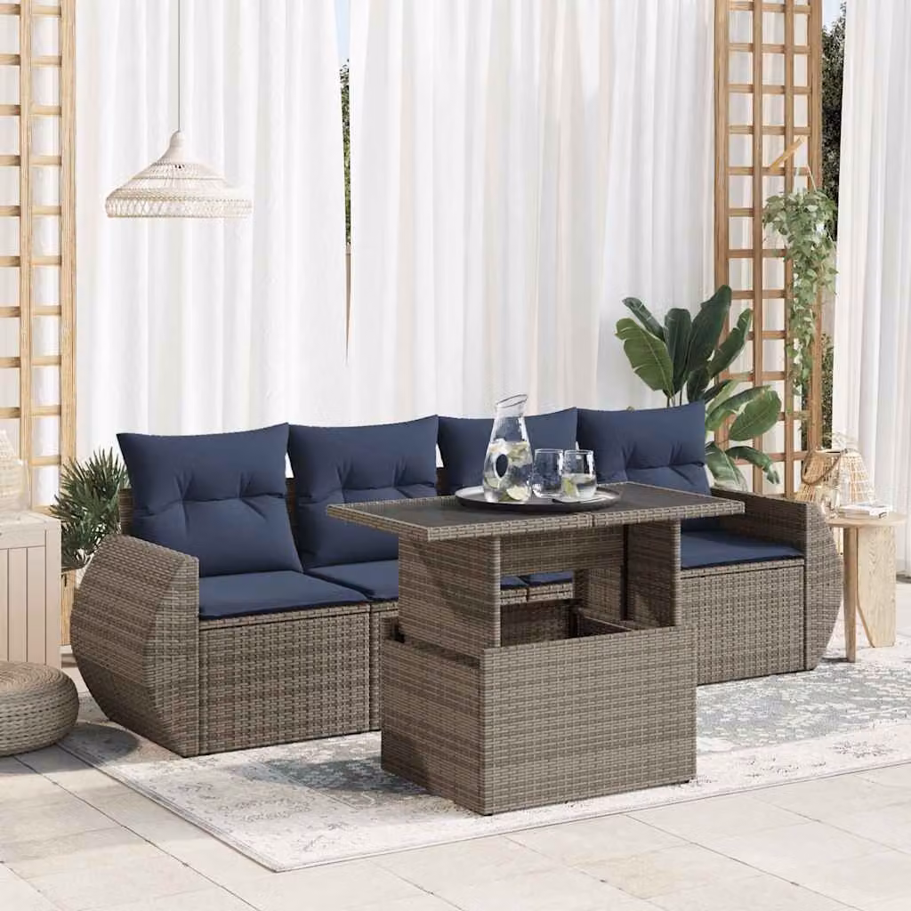 Set Divano da Giardino vidaXL 5 Pezzi in Polyrattan con Cuscini e Tavolino, Grigio e Blu