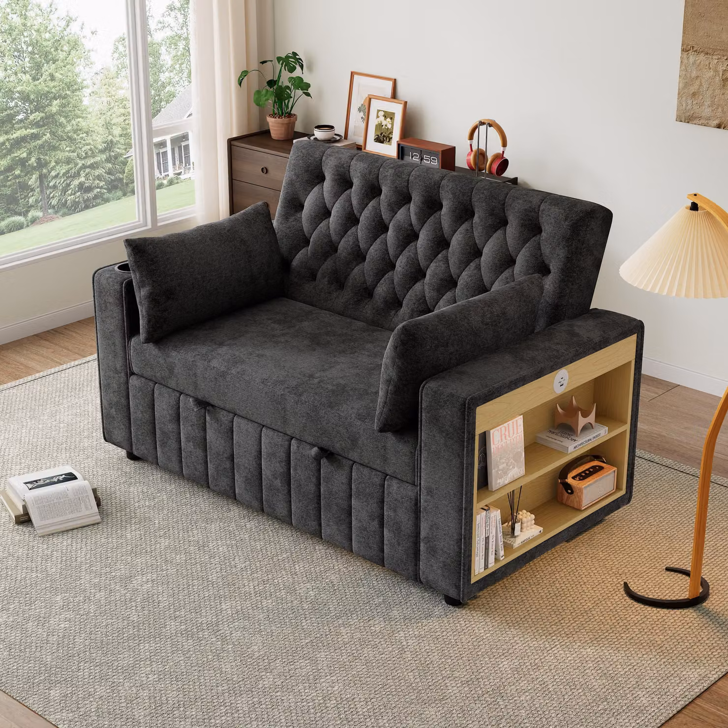 Divano letto STILVORA con cuscini e schienale regolabile, divano pieghevole con portabevande e porta USB, divano singolo poltrona relax con tasca porta riviste, grigio, tessuto ciniglia
