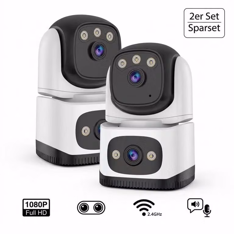 [Set da 2] Telecamera di sicurezza interna con doppia lente, 1080P – Telecamere PTZ Wi-Fi, set con doppia visuale, visione notturna a colori, intelligenza artificiale e audio bidirezionale