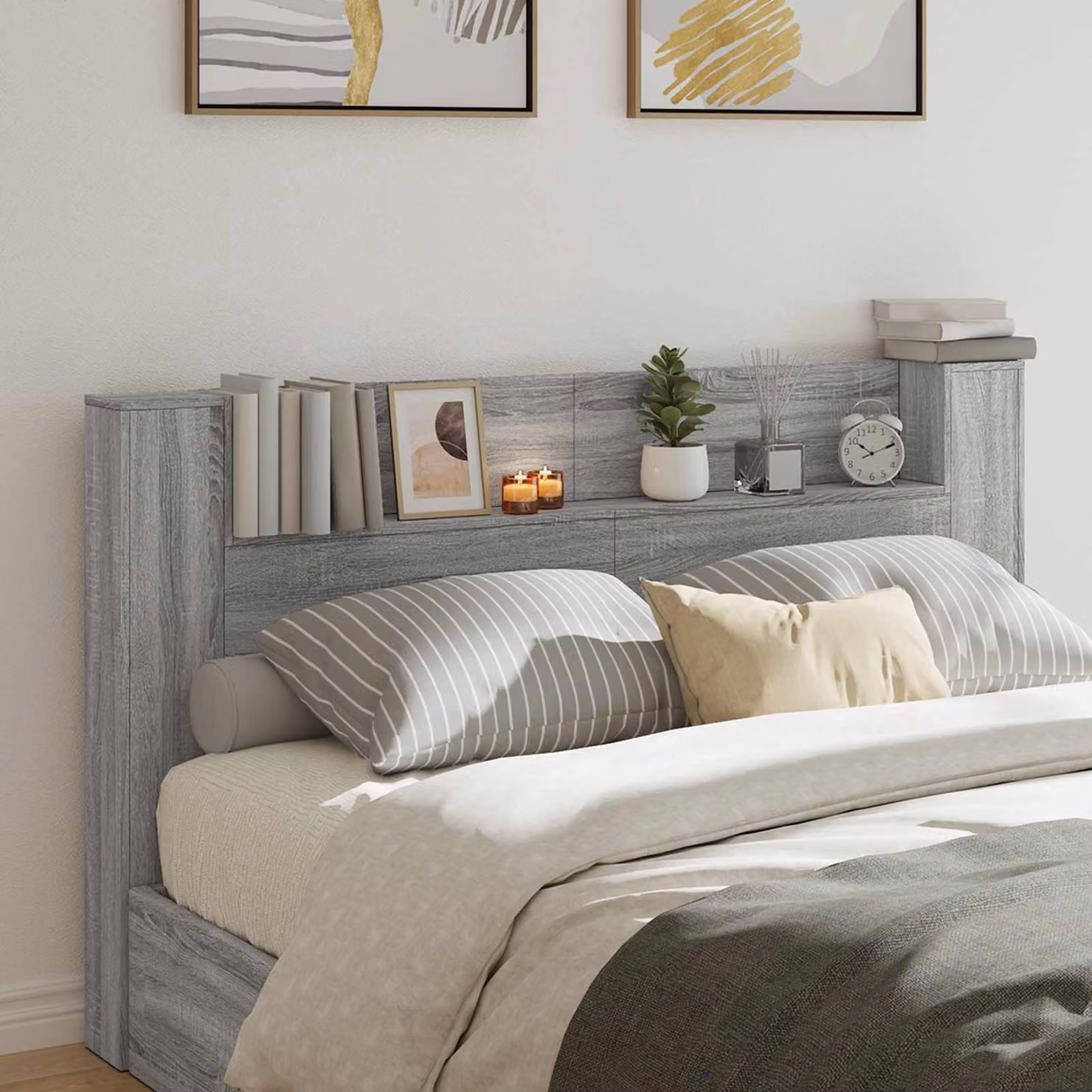 Testata del letto con mobile e illuminazione LED vidaXL in legno ingegnerizzato grigio Sonoma L: 180 cm, H: 103,5 cm, P: 22,79 cm