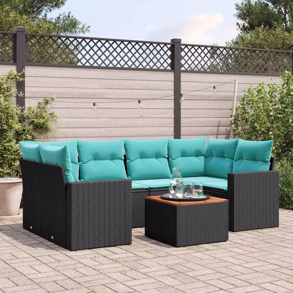 Set di divani da giardino vidaXL a forma di L composto da 7 pezzi in polyrattan con cuscini inclusi e tavolino da esterno, colore nero e blu turchese – 1