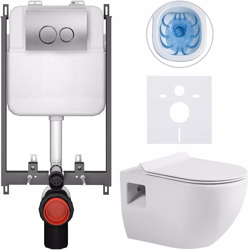 Set completo per WC a pavimento Dure - bianco lucido - pulsante Prime/Duoalo, argento - da incasso - 51x35 cm