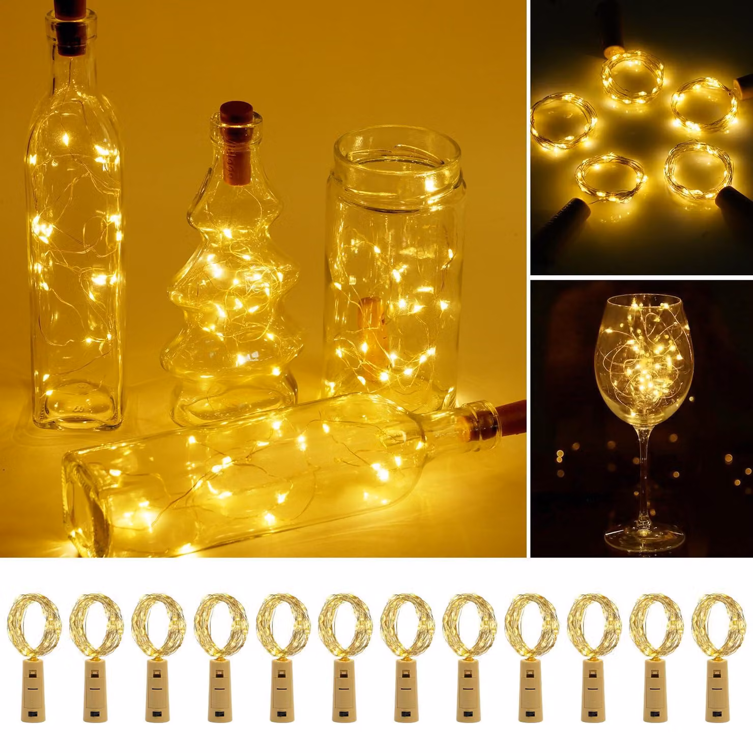 Set di 12 luci a forma di bottiglia, lunghezza 2 metri, 20 LED, luce bianco caldo, per decorazioni