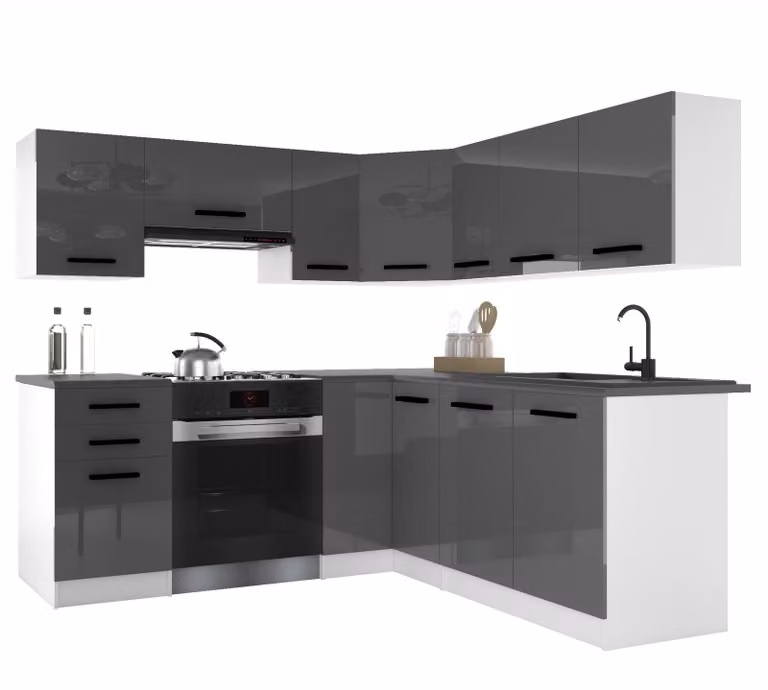 Belini - Angolo cottura moderno ITALIA 6 - Mobili da cucina 360 cm grigio lucido - Cucina componibile con pensili, mobili base e piani di lavoro