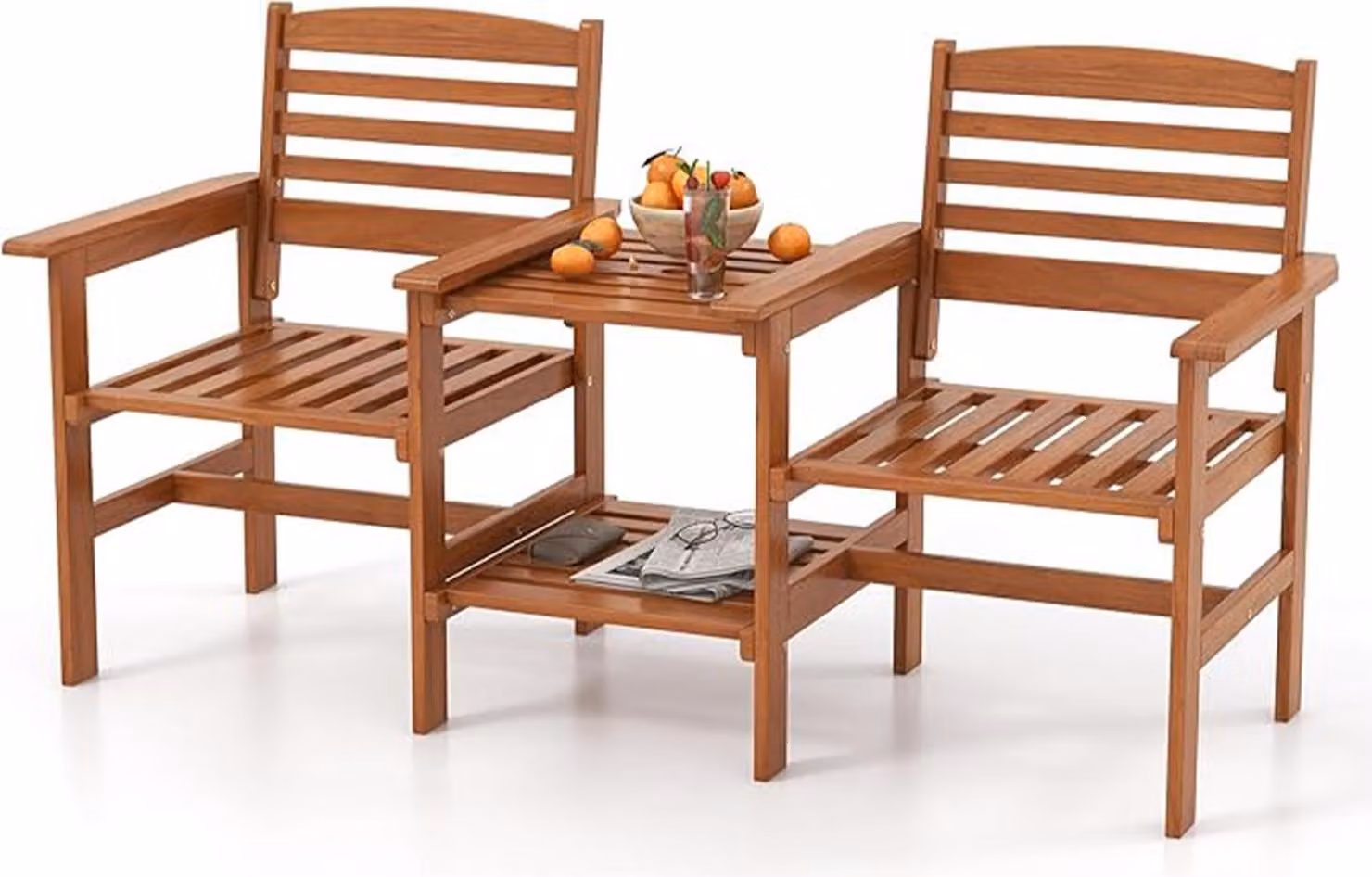 Sedia da giardino doppia con foro per ombrellone da 4 cm, set da conversazione a 2 posti con tavolo a 2 livelli, set di mobili in legno con tavolo centrale, ideale, natura