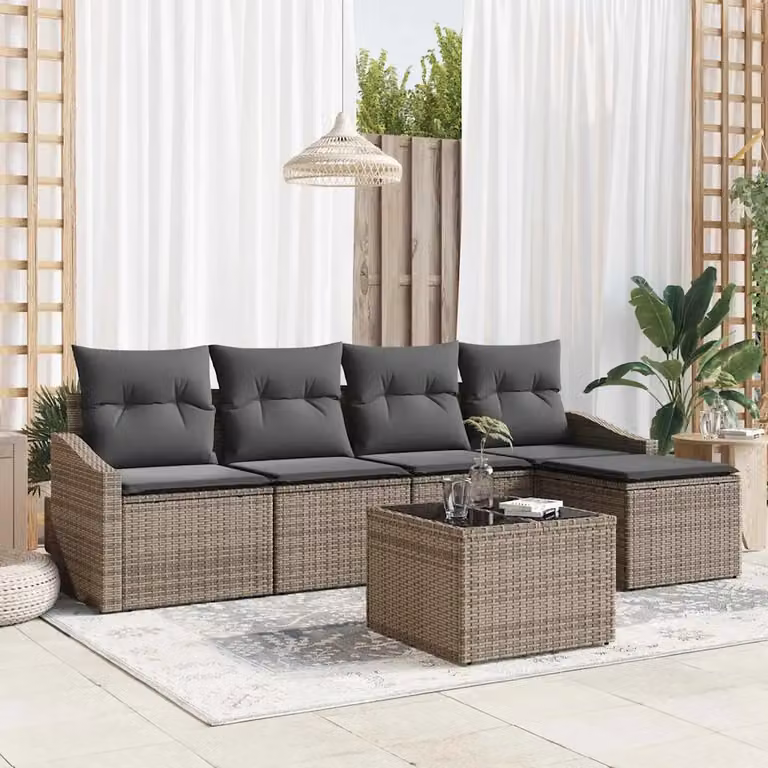 Set di divani da giardino vidaXL a forma di L composto da 6 pezzi in rattan grigio con cuscini inclusi