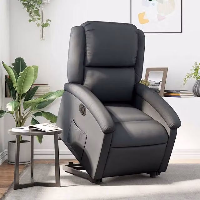 Poltrona Alzapersona Reclinabile Elettrica vidaXL in Vera Pelle Nera con Braccioli e Supporto per Senior – 1