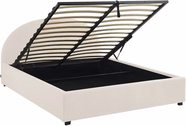 Struttura letto con contenitore e testiera imbottita bouclé,
