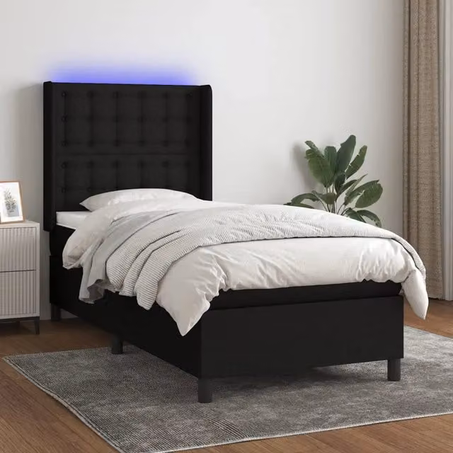 Letto a molla con testiera in tessuto nero vidaXL con illuminazione LED sottostante e porta USB, L 80 x P 200 x H 128 cm (H 203 cm)