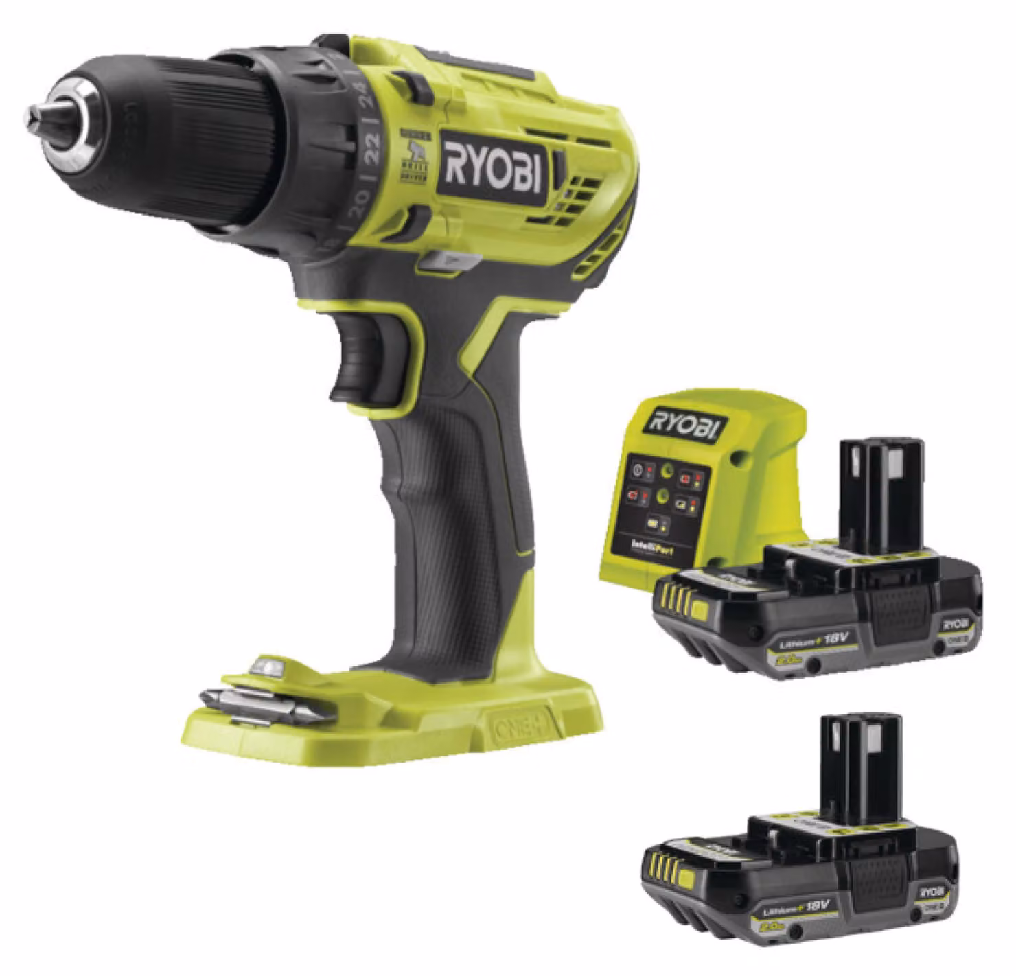 Trapano avvitatore Ryobi con percussione + 2 batterie da 2,0 Ah + caricabatterie