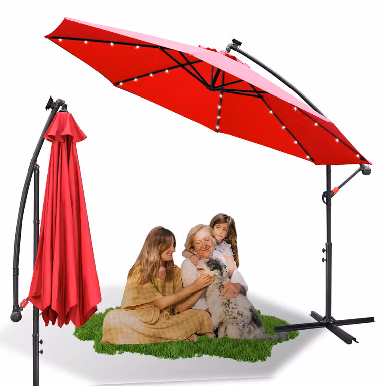 Ombrellone con illuminazione LED Ombrellone da giardino da 300 cm con 24 luci LED Protezione UV Manovella Portaombrelli Ombrellone da giardino Ombrellone da mercato, rosso