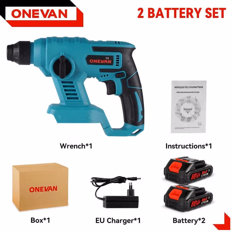 Trapano a percussione a batteria - Trapano a percussione senza fili - Potenza 1000 W - Motore brushless - Velocità a vuoto 3600 giri/min - Due batterie da 18 V - Peso 2,2 kg - Colore argento