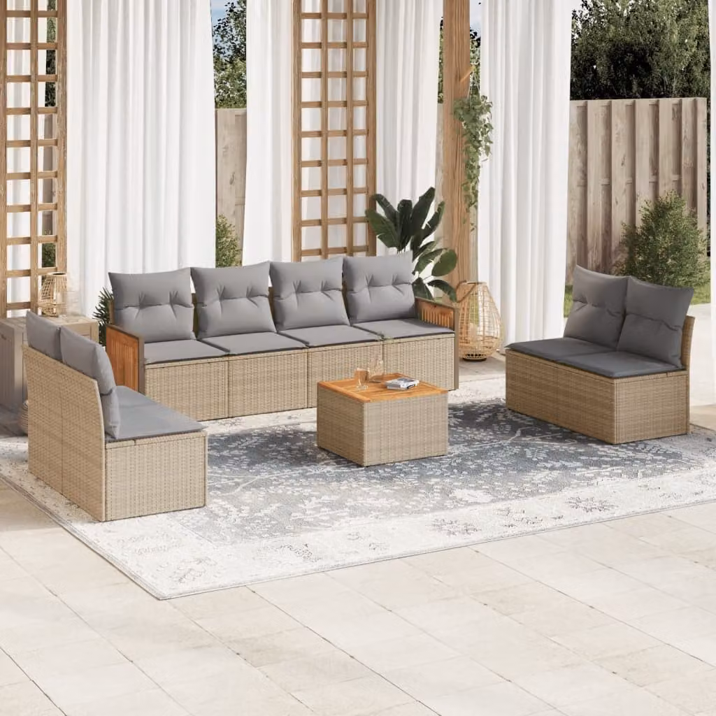 vidaXL Set Divano da Giardino 9 pz in Polyrattan con Cuscini Beige e Grigio – 1