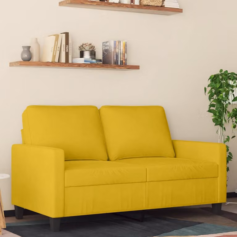 Divano a 2 posti moderno vidaXL in velluto giallo con struttura in metallo per il tuo soggiorno L: 138 cm, P: 80 cm, H: 77 cm