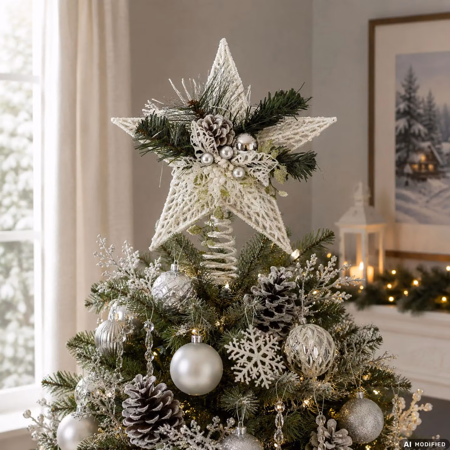 Puntale Stella di Natale con Pigne Glitterata Bianco Vestiamo Casa Altezza: 32 cm – 2