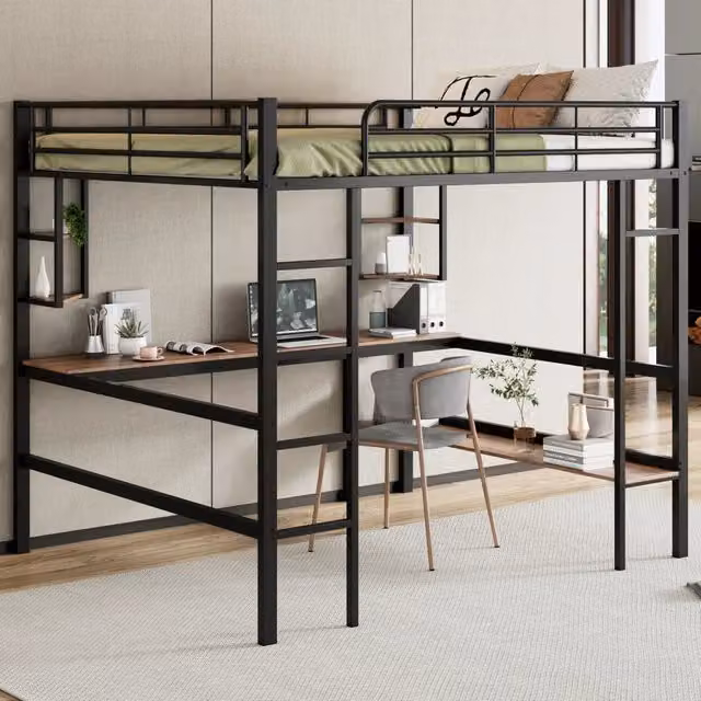 Letto a soppalco Mivray con scrivania e libreria in metallo e MDF nero L/P/H: 204 x 140 x 200 cm