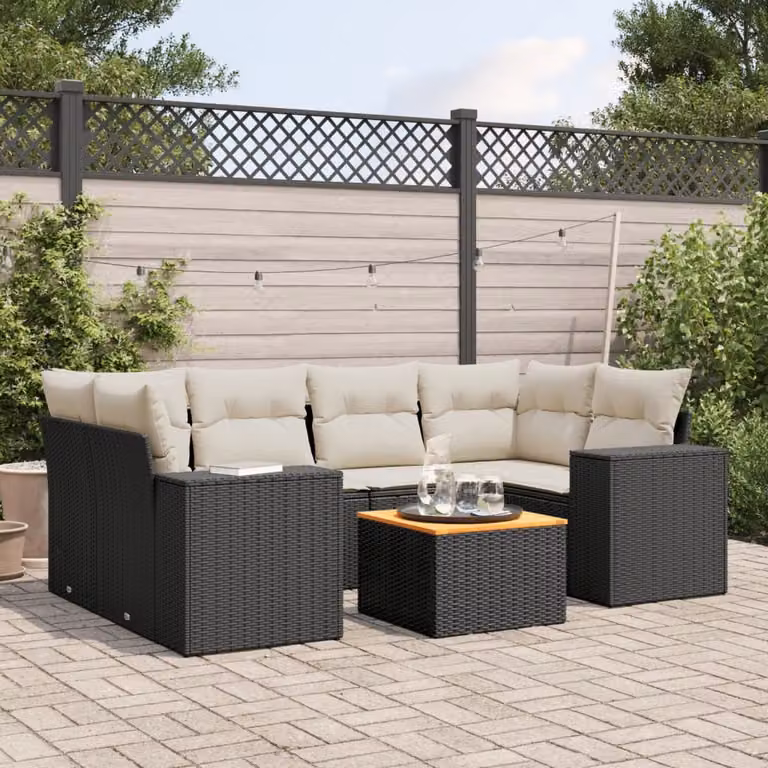 vidaXL Set Divani da Giardino a L con Cuscini 7pz Nero in Polyrattan e Acciaio