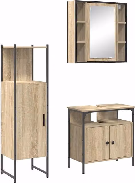 Set di mobili per il Bagno | Armadio da bagno 3 pz Marrone Legno multistrato
