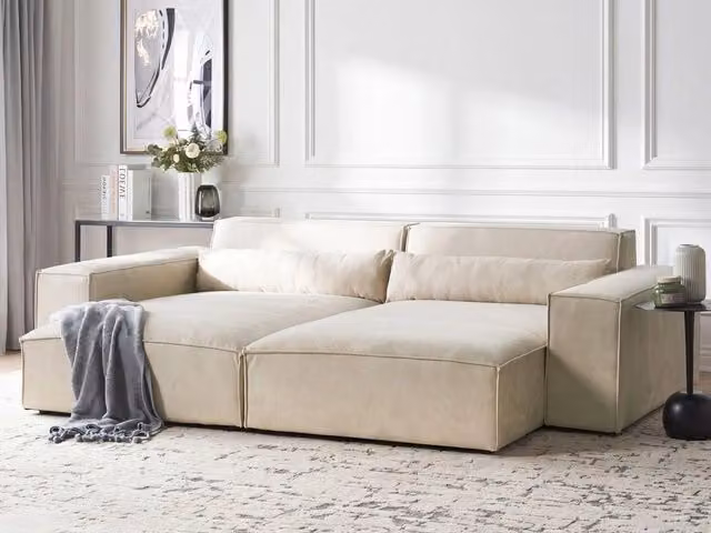 Divano angolare modulare a 2 posti a destra con ottomana Divano componibile in velluto beige con gambe nere Soggiorno moderno