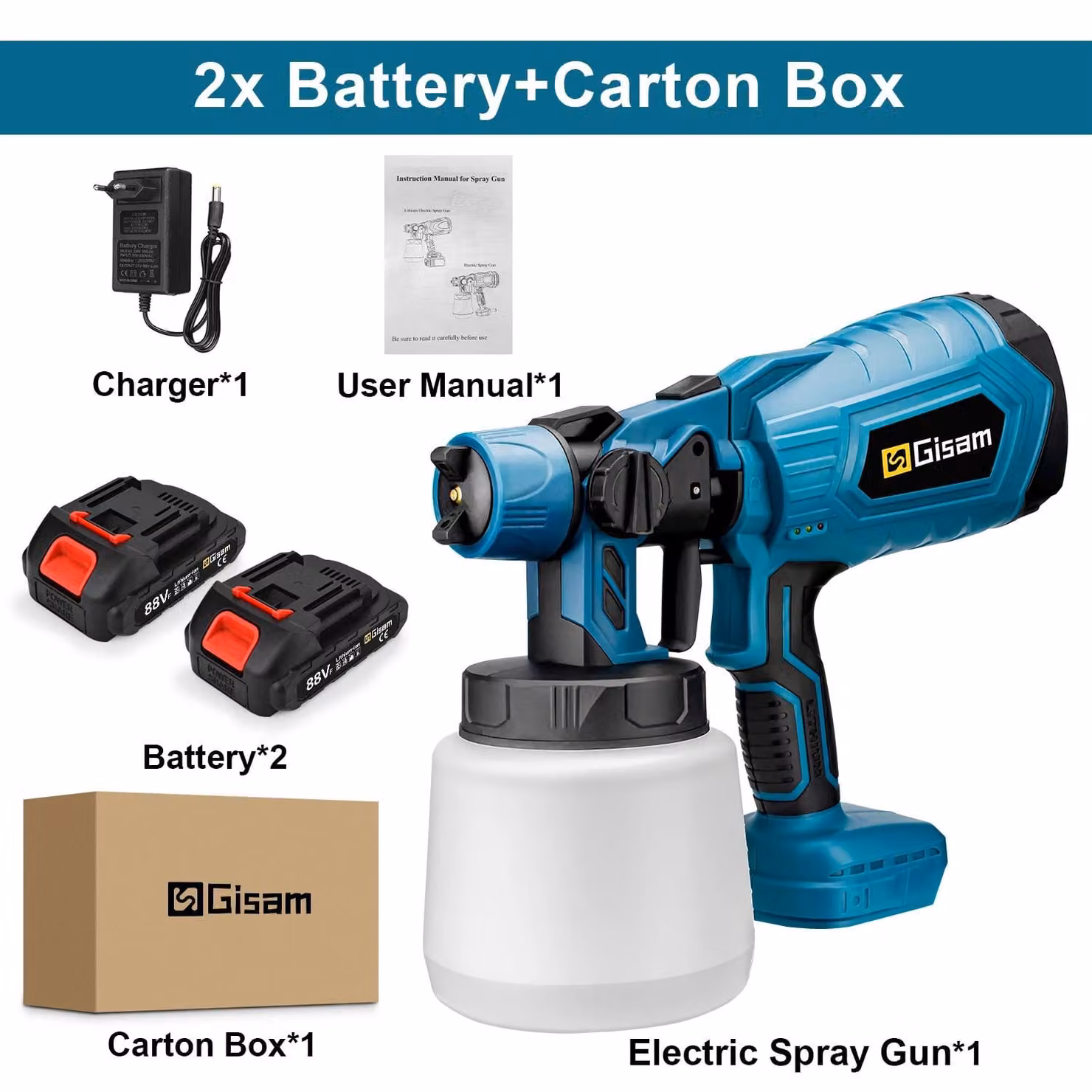 Pistola a spruzzo per vernici a batteria - Tecnologia HVLP - 18V, 2 batterie, serbatoio da 1000 ml, ugello da 1,8 mm, 30000 giri/min - Colore blu