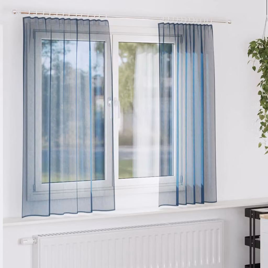 Set di 2 tende in voile semi-trasparenti vidaXL, colore blu, con tasche per asta, L: 140 cm x H: 140 cm