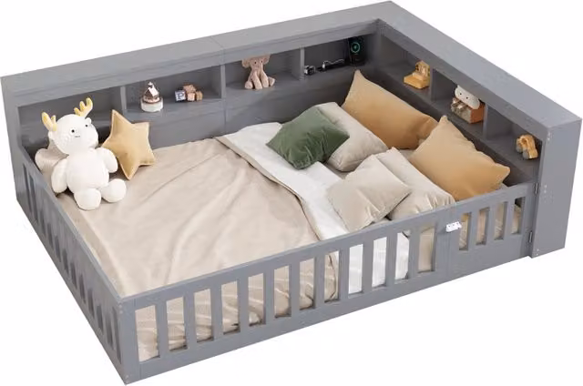 Letto divano moderno da 2 posti in tessuto grigio con vani laterali e porta USB, L/P/H: 222.2 x 140 x 70 cm – 1