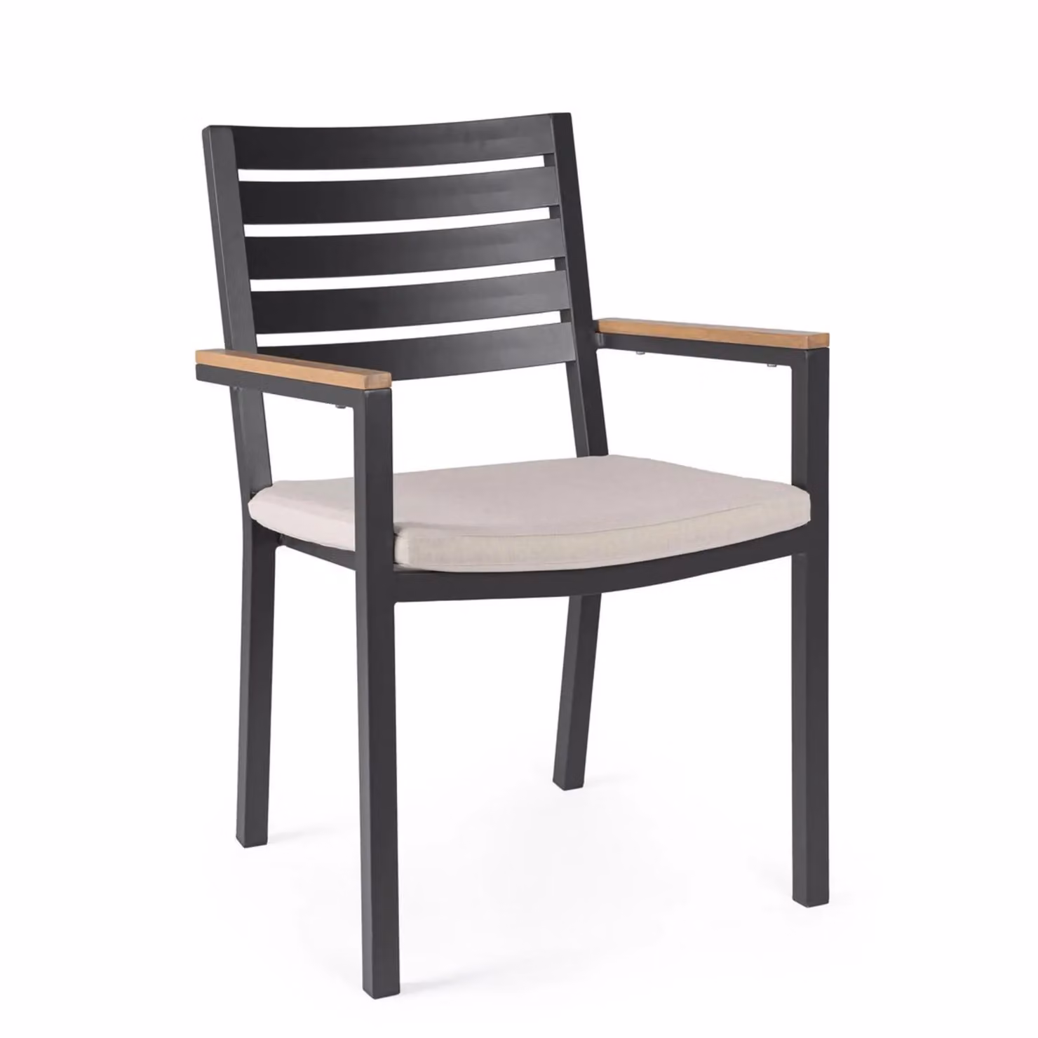 Set 4 sedie da giardino ELDA con cuscino beige, braccioli effetto legno e struttura antracite