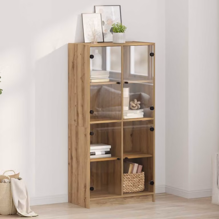 Credenza moderna vidaXL in rovere con dettagli in legno e metallo L: 68 cm, P: 37 cm, H: 142 cm