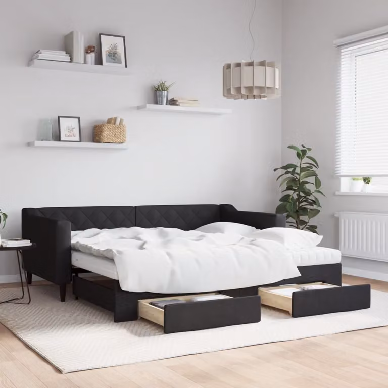 vidaXL Divano Letto Estraibile con Cassetti in Tessuto Nero L/P/H: 90 x 190 cm