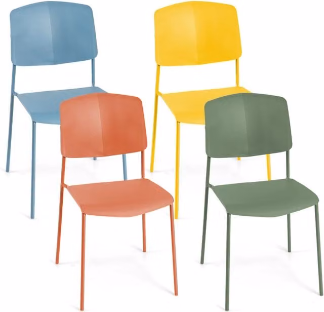 Set di 4 sedie da pranzo impilabili con schienale ergonomico e seduta ampia, sedie laterali senza bracci in plastica e metallo, multicolore opaco