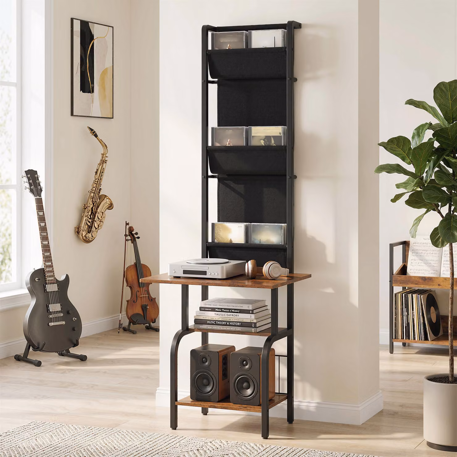 Scaffale industriale HOMCOM per CD e DVD con 3 tasche in tessuto e piano, effetto legno rustico marrone – 2