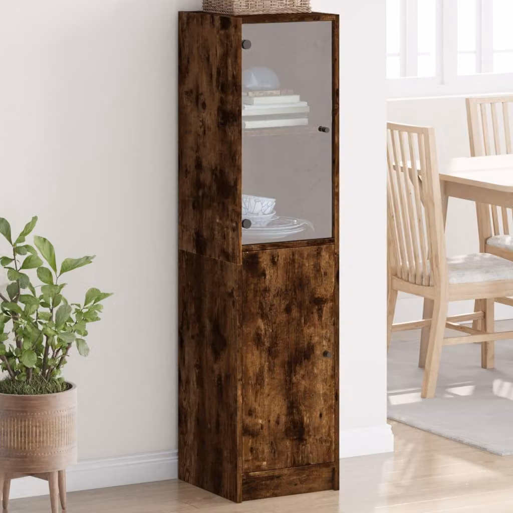 Credenza moderna vidaXL con ante in vetro e finitura rovere marrone, L/P/H: 35 x 37 x 142 cm