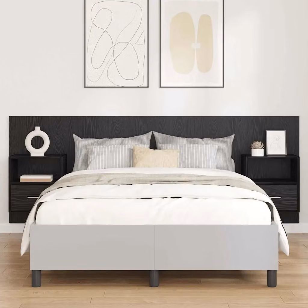 Set di 3 pezzi Testiera con Comodini Integrati Design Moderno in Legno Multistrato Rovere e Nero L 217 cm x P 32,5 cm x H 80 cm – 2