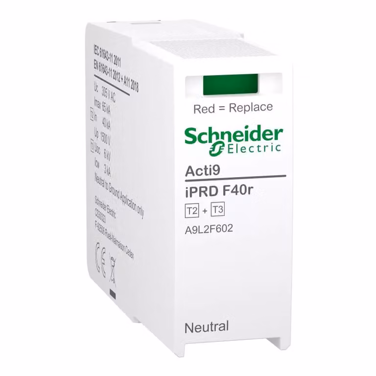 Modulo di protezione di ricambio Schneider Electric per scaricatore di sovratensione iPRD F40r 3P+N, tipo 2+3, modulo N-PE, fusibile integrato A9L2F602