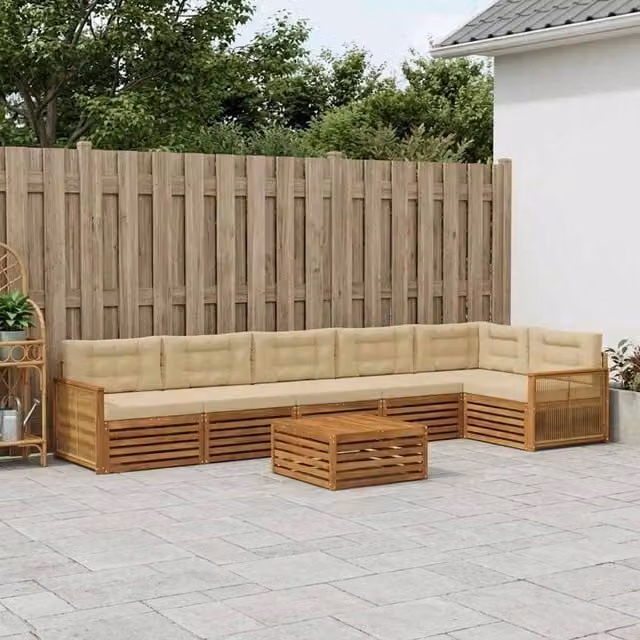 Set di divani da esterno a L vidaXL in legno di acacia con tavolo da caffè e cuscini, Beige