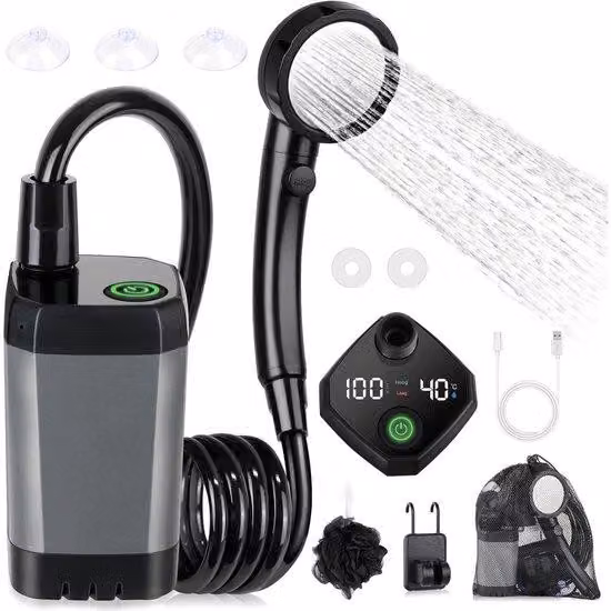 Doccia da campeggio portatile - Con pompa dell'acqua e indicatore di temperatura - Set doccia da esterno - Include soffione e tubo flessibile - Adatta per giardini, lavaggio auto, spiagge, viaggi, cani, ecc. - 6000 mAh