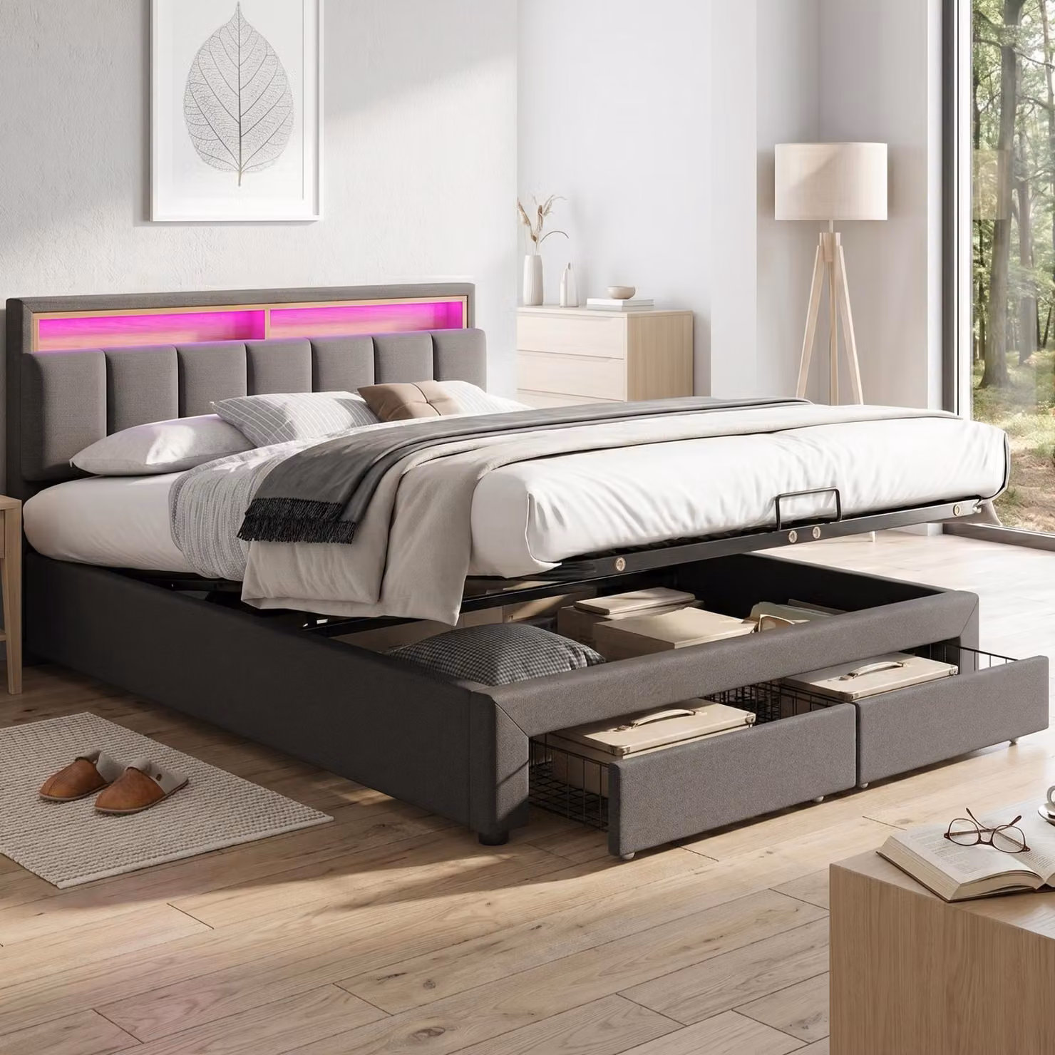 MODFU Letto imbottito 180x200 cm Letto boxspring matrimoniale idraulico con illuminazione a LED (senza materasso), grigio