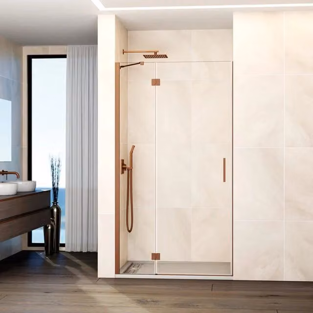 Box doccia frontale GLASS fisso + porta battente chiusura magnetica 140 cm (137-140; fisso 60+porta 80) rame
