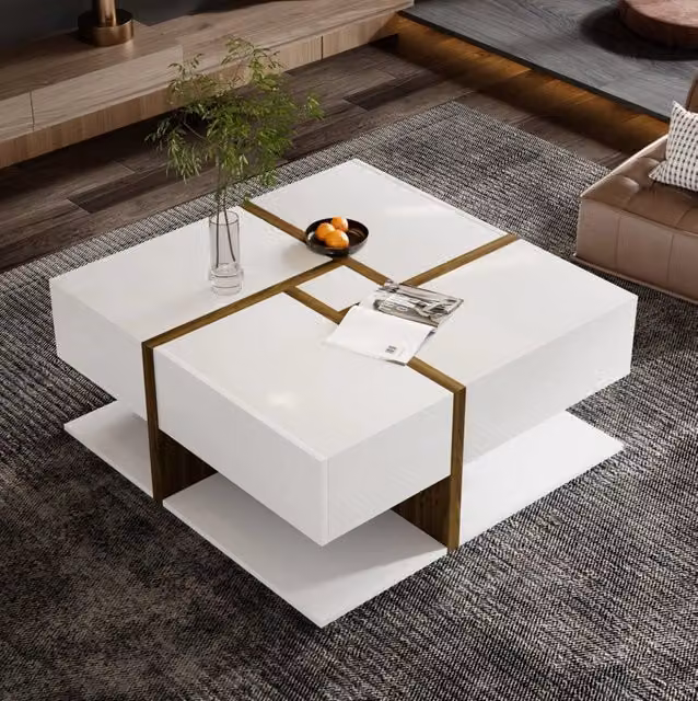 Tavolino da caffè quadrato bianco lucido 78x78x34,8 cm con 4 cassetti