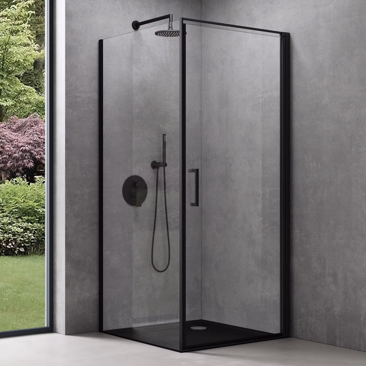 doporro Box Doccia Angolare 80x100 cm con Porta Battente Vetro Temperato 8mm Anticalcare Trasparente, Profilo in Alluminio Nero Opaco e Piatto Doccia Incluso šC Ravenna36K