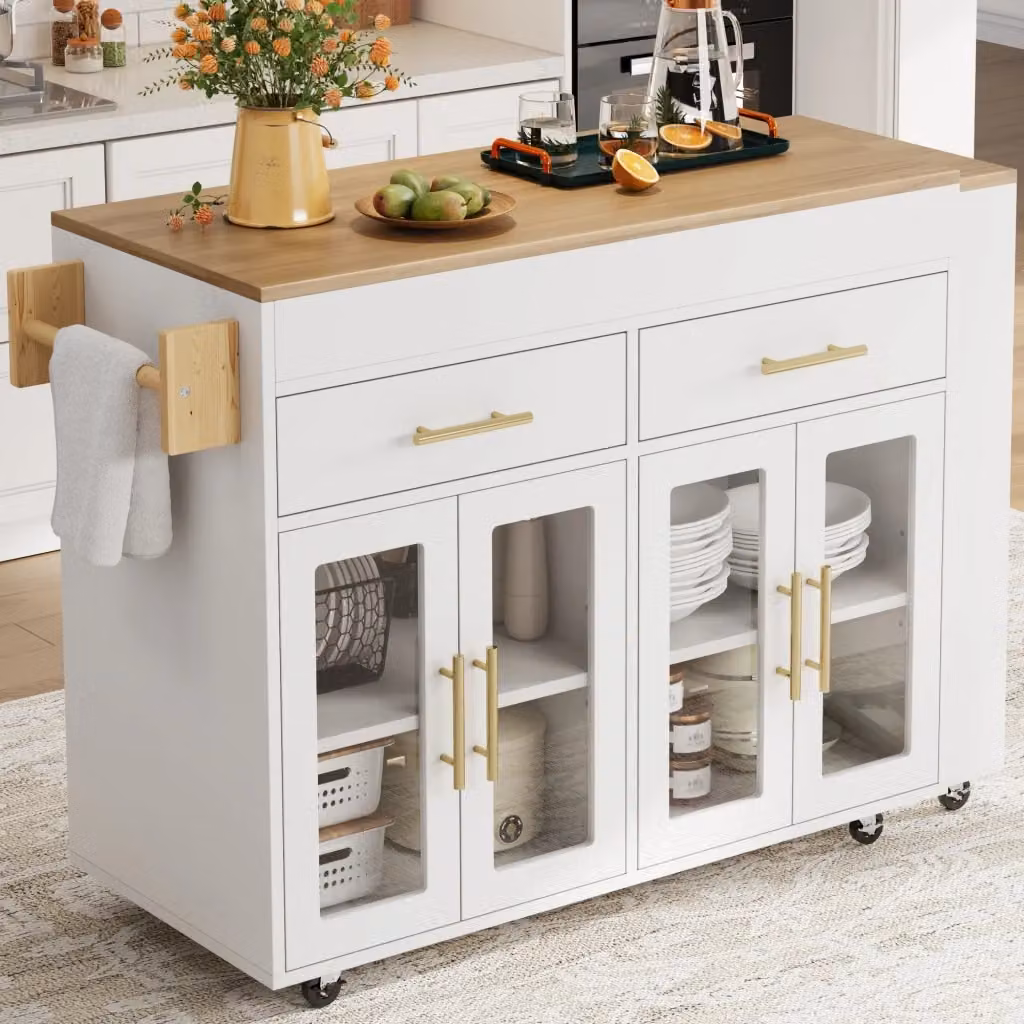 Isola cucina mobile Vovees Living con ruote e tavolo bar estraibile, ante in vetro, cassetti e ripiani, finitura bianca opaca, L/P/H: 132,5 x 50 x 93 cm – 2