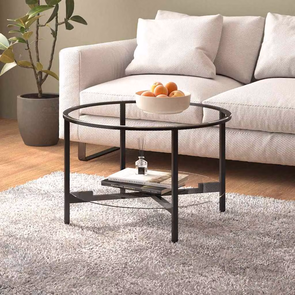 vidaXL Tavolino da Salotto Moderno Rotondo in Vetro Temperato e Metallo, Nero e Trasparente, Diametro: 70 cm