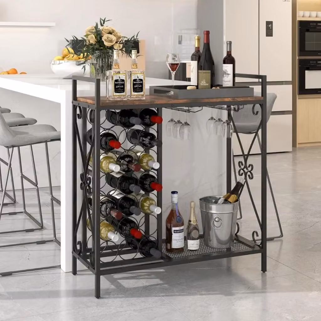 Portabottiglie da vino Design Mania con supporto per bicchieri e piano in legno, Organizzatore da terra Marrone e Nero – 2