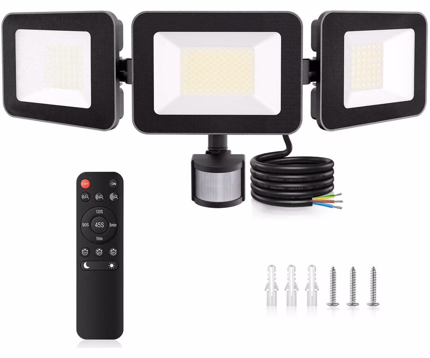 Proiettore LED da 100W con sensore di movimento, a 3 luci, grado di protezione IP66, temperatura di colore 6500K, luminosità 9600 lumen