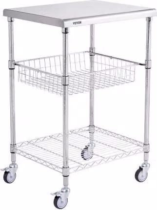 VEVOR Carrello da Cucina in Acciaio Inox con 3 Ripiani e Cestello, Carrello di Servizio con 4 Ruote, Colore Argento, Capacità di Carico 213,2 kg