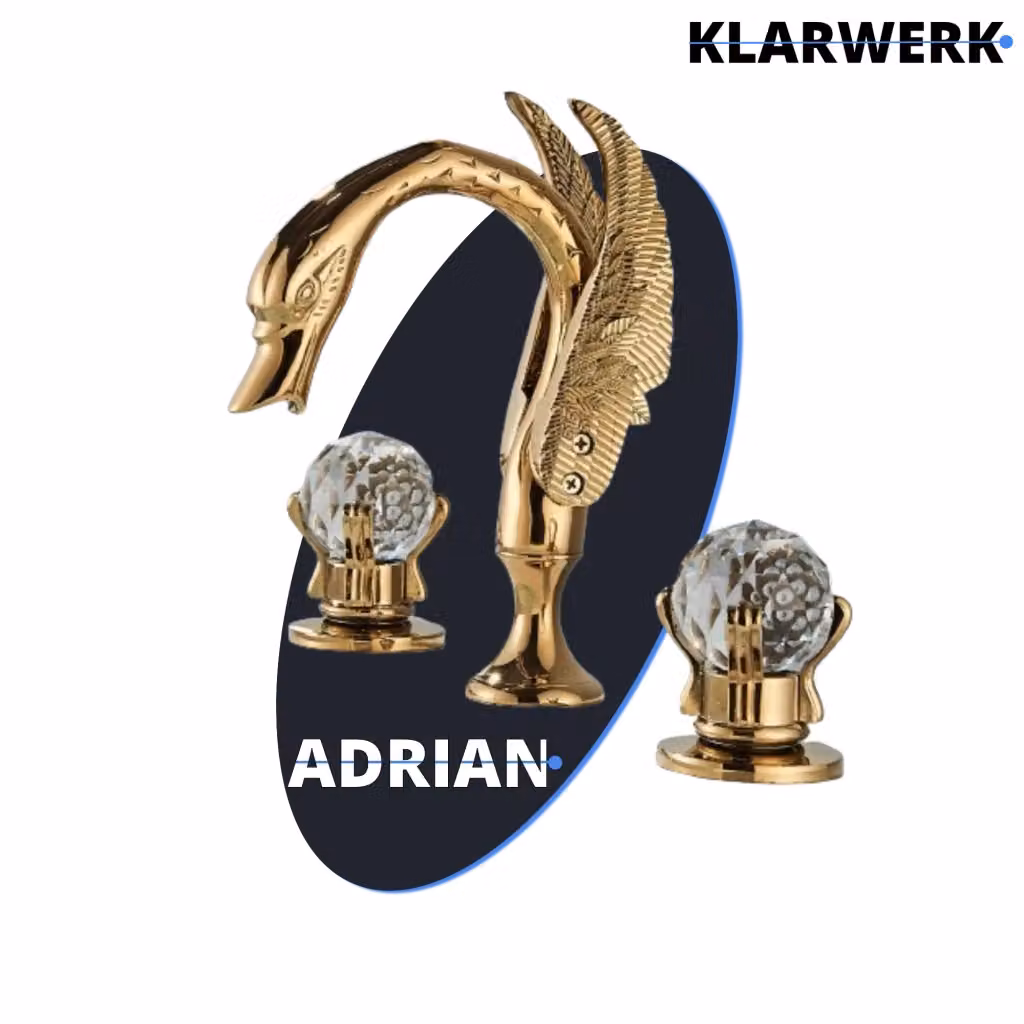 Miscelatore per vasca e lavabo ADRIAN a 3 fori con design a cigno, finitura oro, con due maniglie e struttura in acciaio inossidabile – 2