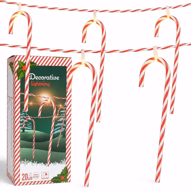 Catena luminosa a LED con decorazioni a forma di bastoncini di zucchero, lunghezza 1,4 metri, luce bianco caldo, 10 pezzi, con timer
